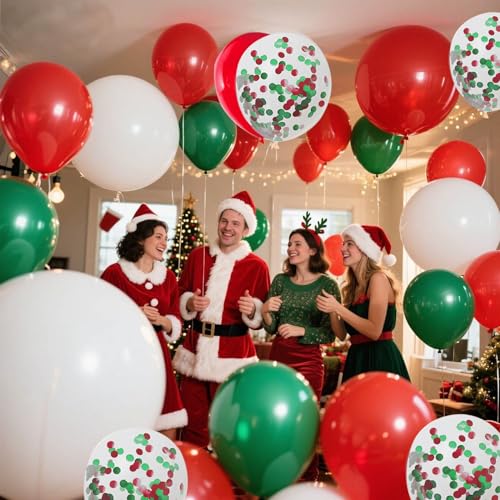 Image of Red White Green 12inch Balloons with Confetti Balloons for Wedding, Birthday, Baby Shower, Christmas, Family Parties Decoration(55Pcs)