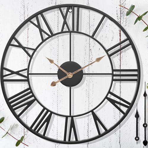 Retro Outdoor Clocks for Patio – 18 in Large Farmhouse Black Metal Outdoor Wall Clock Silent Battery Operated – Vintage Industrial Skeleton Outside Clock for Pool Area, Garden, Backyard, Porch