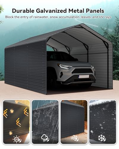 Image of Heavy Duty Metal Carport, 10x15FT Outdoor Carport Canopy with Galvanized Steel Roof and Reinforced Base,Metal Side Panels,Sidewalls,Garage Shelter Shade for Cars,Trucks, Boats, Gray