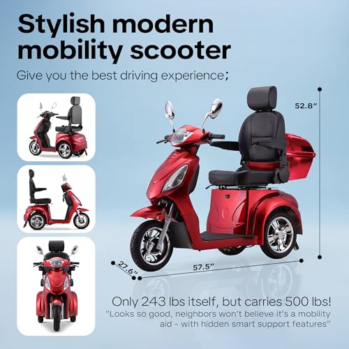 Image of Heavy Duty 3 Wheel Mobility Scooters for Seniors & Adults 500lbs Capacity-800W Mobility Scooters 31 Miles Long Range, All Terrain Electric Powered Mobility Scooters Handicap Mobility Scooter (Red)