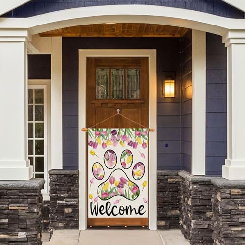 ZAEW Welcome Dog Paw Tulips Spring Large House Flag Burlap 28X40 Inch Vertical Double Sided Outside Yard Holiday Outdoor Farmhouse Decoration by ZAEW - Image 2