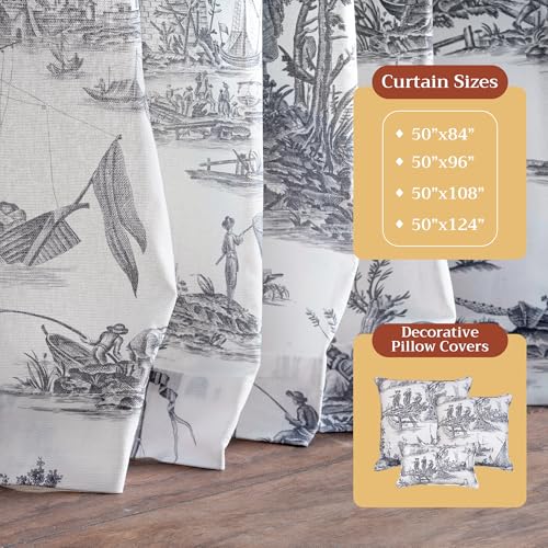 Image of Maison d' Hermine Curtains for Living Room 100% Cotton 50 inchx108 inch (Pack of 1) | 108 inches long Light Filtering Toile Curtains for Windows with Rod and Loop Pockets - Calais - Paloma Grey (White base)