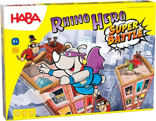 Juego infantil 3D Rhino Hero Super Battle HABA con torres altas y monos