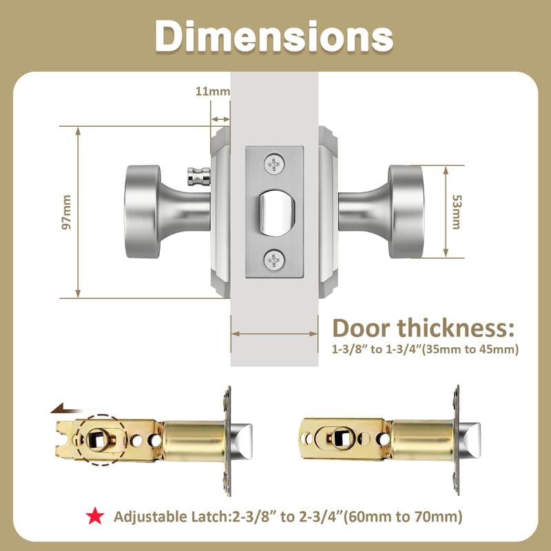 Probrico Brushed Nickel Door Knobs, Interior Door Locks for Bedroom/Bathroom, Keyless Door Knobs Privacy Lock, 6 Pack