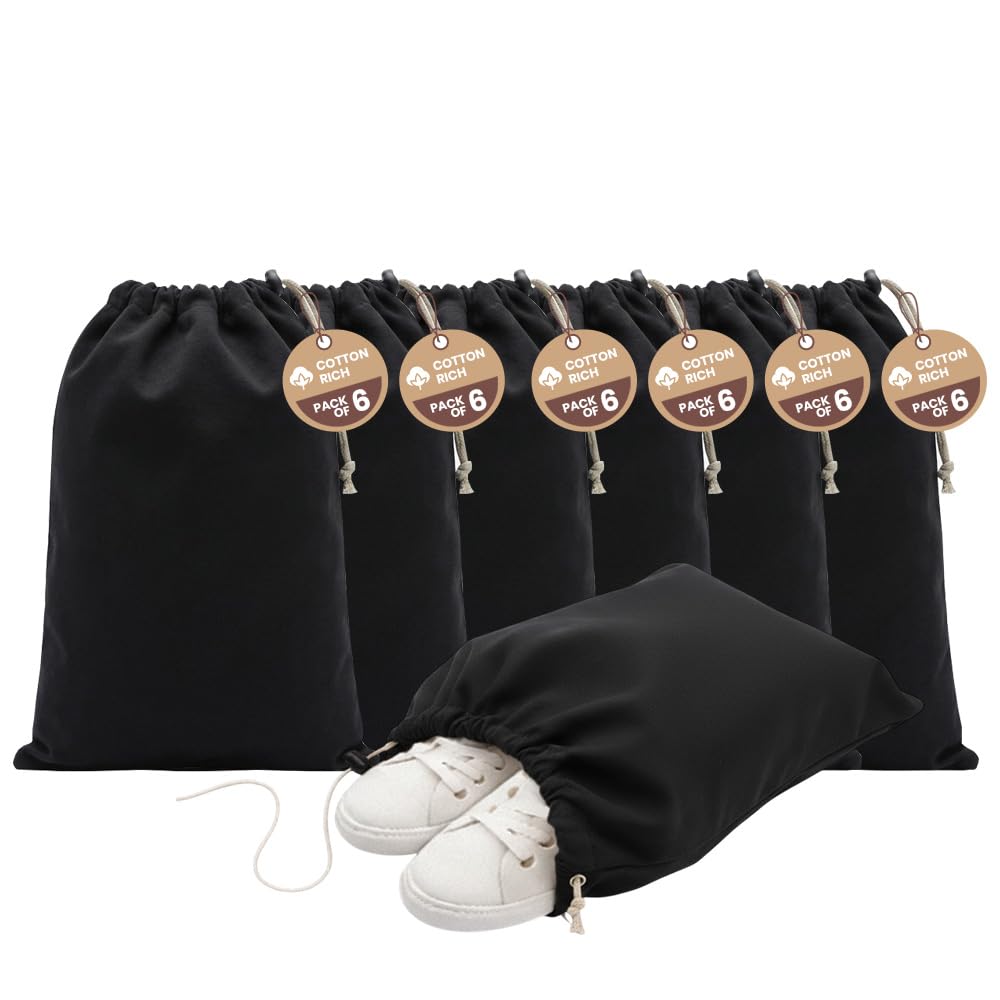 LFH Cotton Rich Shoe Storage Bags with Drawstring, Dustproof Breathable Reusable Organizer, Perfect For Travel, Dorm, Hotel, College, Gym, Machine Washable 12"x17" (Pack of 6) - Black sand