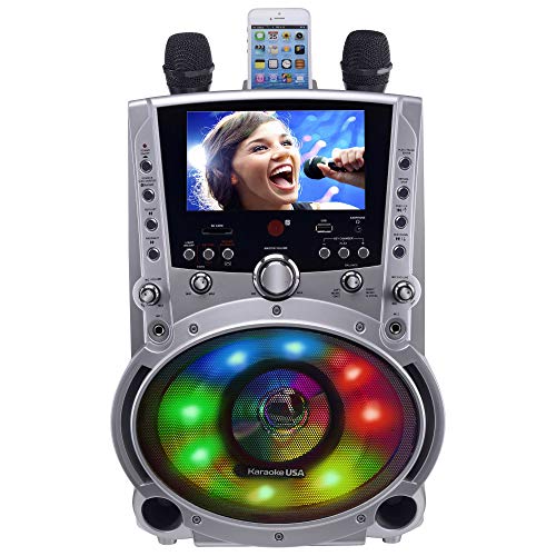 Karaoke USA GF758 Complete Karaoke System with 2 Microphones, Remote Control, 7” Color Screen, LED Lights - Works with DVD, Bluetooth, CD, MP3 and All Devices