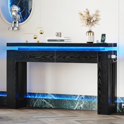 Image of LIKIMIO Console Table with Drawers, Modern Entryway Table with LED Lights and Charging Station, Narrow Sofa Table with Storage Behind Couch for Entrance, Hallway, Living Room, Black