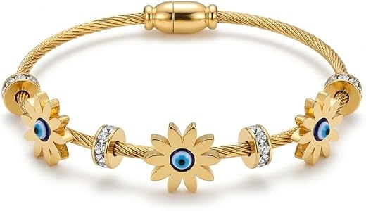 NILARA Gold Toned Evil Eye Bracelet for Women &amp; Girls | Anti Tarnish Stylish Stainless Steel Hand Kada | Aesthetic Bracele...
