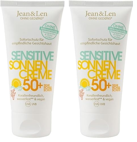 Jean & Len Sensitiv Sonnencreme 50+ LSF wasserfest, Sofortschutz für empfindliche Gesichtshaut, Sonnenschutz ohne Silikone, Nanopartikel, Octocrylen, Mikroplastik, vegan, Reisegröße 50 ml