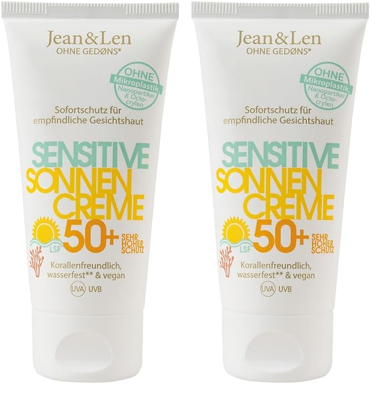 Jean & Len Sensitiv Sonnencreme 50+ LSF wasserfest, Sofortschutz für empfindliche Gesichtshaut, Sonnenschutz ohne Silikone, Nanopartikel, Octocrylen, Mikroplastik, vegan, Reisegröße 50 ml