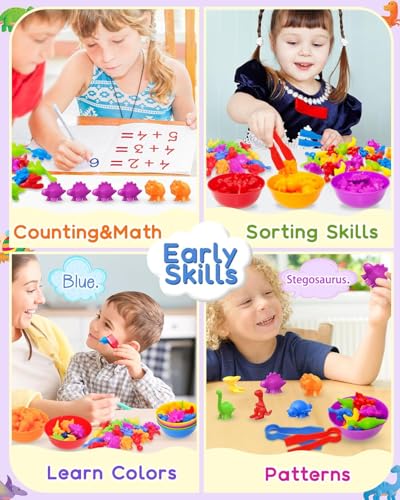 Image of BeFunky Counting Toys Matching Game with Sorting Bowls, Color Classification and Sensory Montessori Educational Learning Toys Set Gift for Toddlers Preschool Aged 3+ Years Old Boys Girls (Dinosaur)