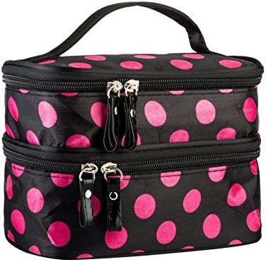 Cosmetic Bag MakeUp Case Double Layer Dot Pattern Portable Waterproof Wear Resistance Durable With 2 Zipper Holder With Mirror Travel Toiletry Bag Organizer (Black Rose)