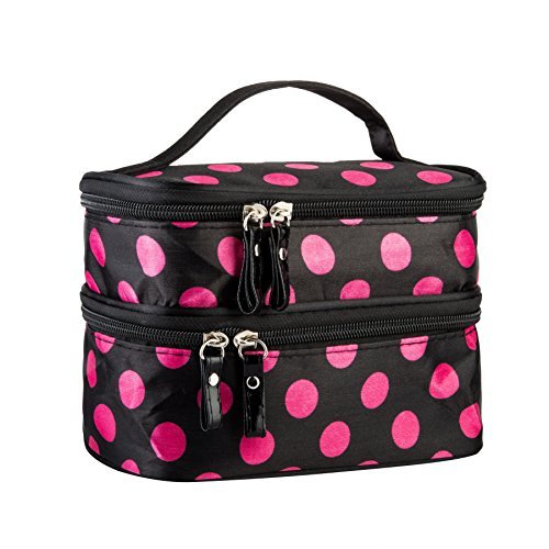 Cosmetic Bag Makeup Case Double Layer Dot Pattern Portable Waterproof Wear Resistance Durable With 2 Zipper Holder With Mirror Travel Toiletry Bag Organizer (Black Rose) #TOP3