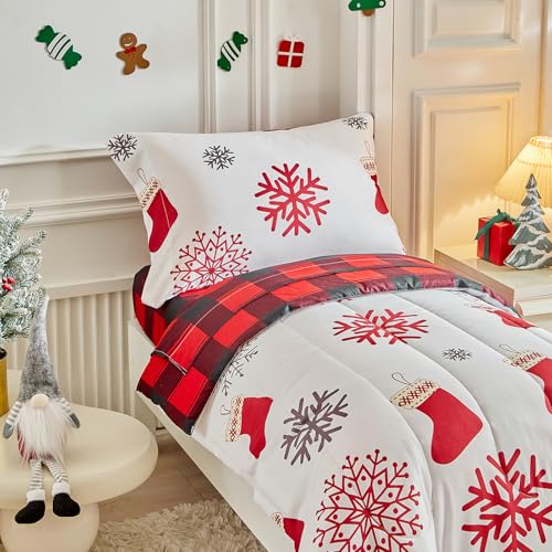 Image of Christmas Toddler Bedding Set for Boys Girls Red White Sock Colorful Holiday 4PC Toddler Bed Set - Cute Toddler White Bed in a Bag with Gray Red Snowflake