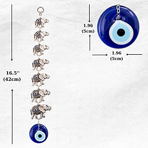 Erbulus Seven Elephants Glass Turkish Blue Evil Eye Wall Hanging Ornament – Silver Metal Home Decor - Turkish Nazar Bead Amulet - Protection And Good Luck Charm Gift #TOP1
