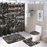 TOWINSFB 4Pcs American Flag Deer Shower Curtain Sets, Bathroom Decor Set with Rugs, Bath Mat Wild Animal Shower Curtain, 72 X 72 Inch
