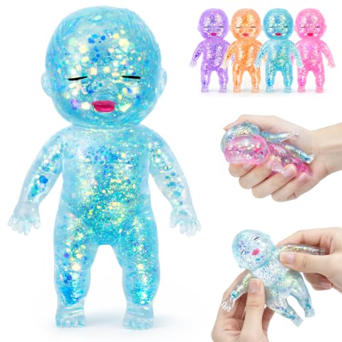 Baby Squishy Glittery- 4 Soft Squeezable Fidget Toy Cute Sparkly Sensory Decompression Doll for Adults Desk Decor & Anxiety Relief Ideal for Birthday Gifts Party Favors Classroom Prizes (Blue)