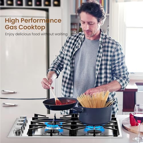 COSTWAY 30-inch Stainless Steel Gas Cooktop, 4 Burner Gas Stove Top with ABS Knobs and Cast Iron Grates, NG/LP G Convertible Range Top with Sealed Burners, Easy to Clean, Silver