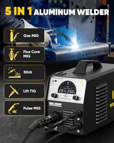 Image of H HZXVOGEN Aluminum MIG Welder, 250A Welder Machine 110V 220V Gas, Flux core MIG, Pulse, Lift TIG, Stick, 5 in 1 Multi Process Welder Machine with LED Display