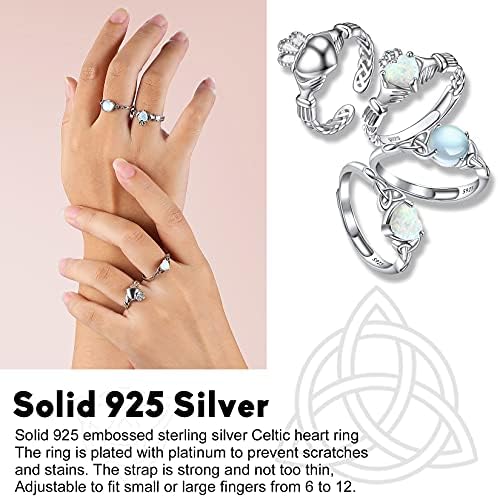 Suplight 925 Sterling Silver Created Opal/Moonstone Promise Rings, Celtic Knot Claddagh Heart Round Dod Adjustable Stacking Rings for Women Girls