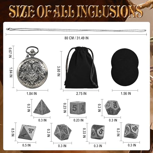 Image of Kabinka DND Dice Set, 7pcs Mini Metal Dice with Pocket Watch Shell, Portable D&D with Necklace, Dungeons and Dragons Dice for RPG(Five-Headed Dragon, Ancient Silver)