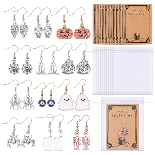 24 Pairs Halloween Earrings Gift Set Bulks for Women Spider Web Pumpkin Ghost Bat Skeleton Dangle Earrings with 24 Wish Card and 24 Organza Bags for Halloween Accessories Costume Party Favors Jewelry