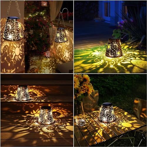 Image of Toodour Solar Lantern Outdoor, Hanging Solar Outdoor Lights Garden Decor, Waterproof Hollow Out Retro Metal Sun & Moon Decorative Lights for Patio, Balcony, Yard, Walkway, Outdoor Decor