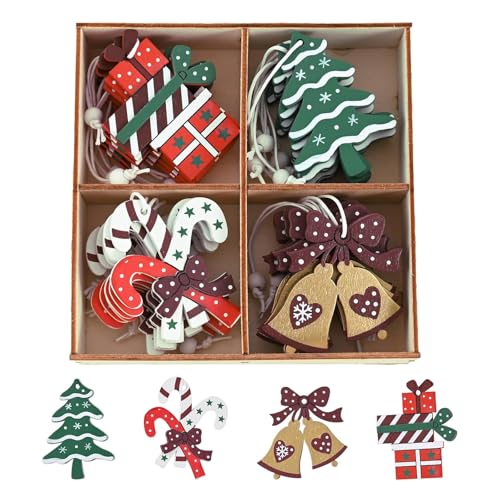 anneratteryer 24 Deco Sapin De Noel Or Et Rouge, Sujet De Decoration en Bois Noel à Suspendre en Bois, Arbre, Cadeaux, Bâtons Et Cloches, Pendentifs De Noël Rouge, Vert, Blanc,Deco De Noel Interieur