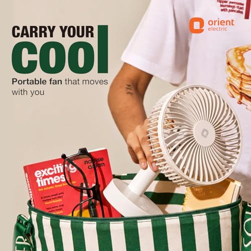 Image of Orient Electric Elfie Rechargeable Personal Fan | 90 Adjustable Airflow | 1800 mAh Battery | 4 Speed Modes | Quiet Operation | USB Type-C Charging | Compact Mini Fan (White)