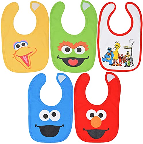 Sesame Street Elmo Cookie Monster Big Bird Oscar Baby Boys Girls 5 Pack Bibs One Size