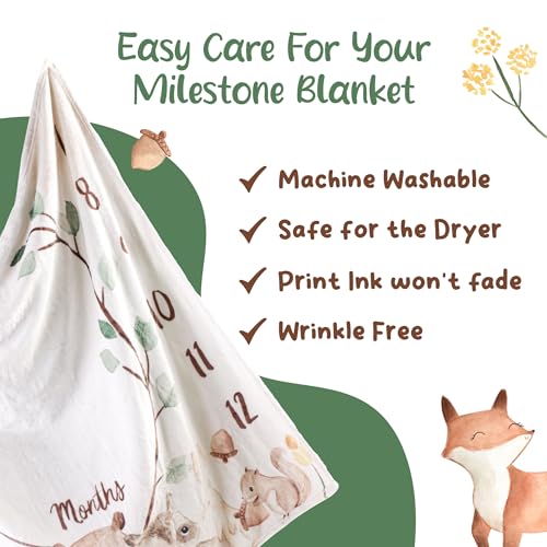 Image of KooKooBaby Baby Monthly Milestone Blanket - 47x47 Premium Fleece Milestone Blanket for Baby Girl and Boy - Woodland Animals Monthly Baby Milestone Photo Background with Felt Circle Marker
