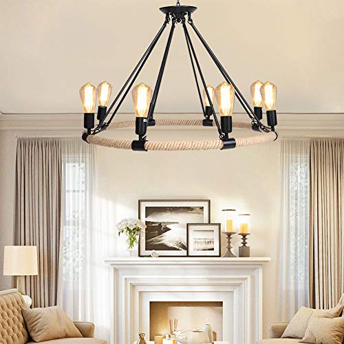 Plafonnier vintage 8 têtes LED Cocoarm en fer et corde de chanvre luminaire rétro E27 E26