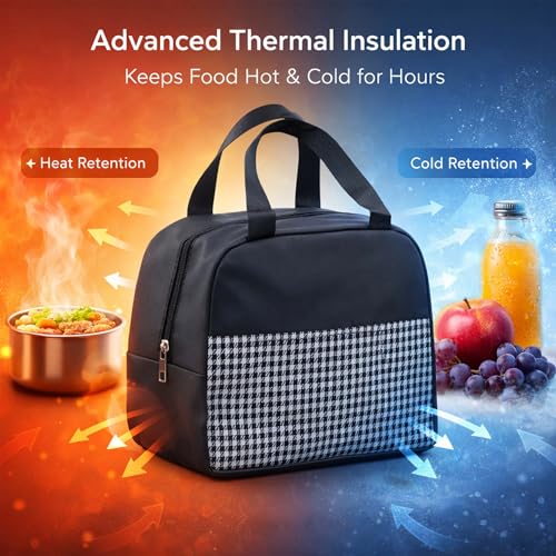 Image of The Earth Store DT Blace Check Insulated Lunch Bag for Office, Men, Women | Travel Tiffin Bag with Handle, Waterproof & Leakproof | Reusable Thermal Lunch Box Bags