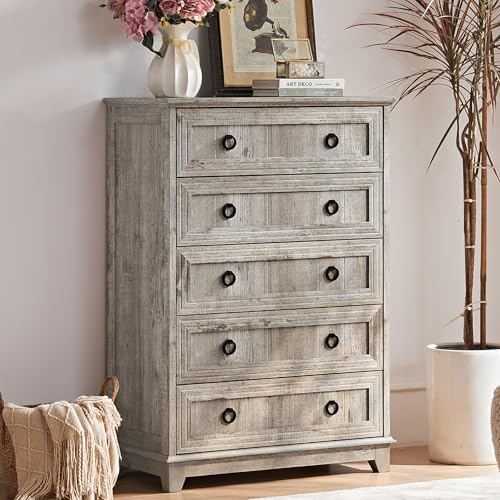 Joaxswe Farmhouse 5 Drawer Dresser for Bedroom, 42 Tall Small Dressers & Chest of Drawers, Rustic Wood Dresser with Metal Handle, Storage Organizer Closet for Living Room, Hallway, Entryway