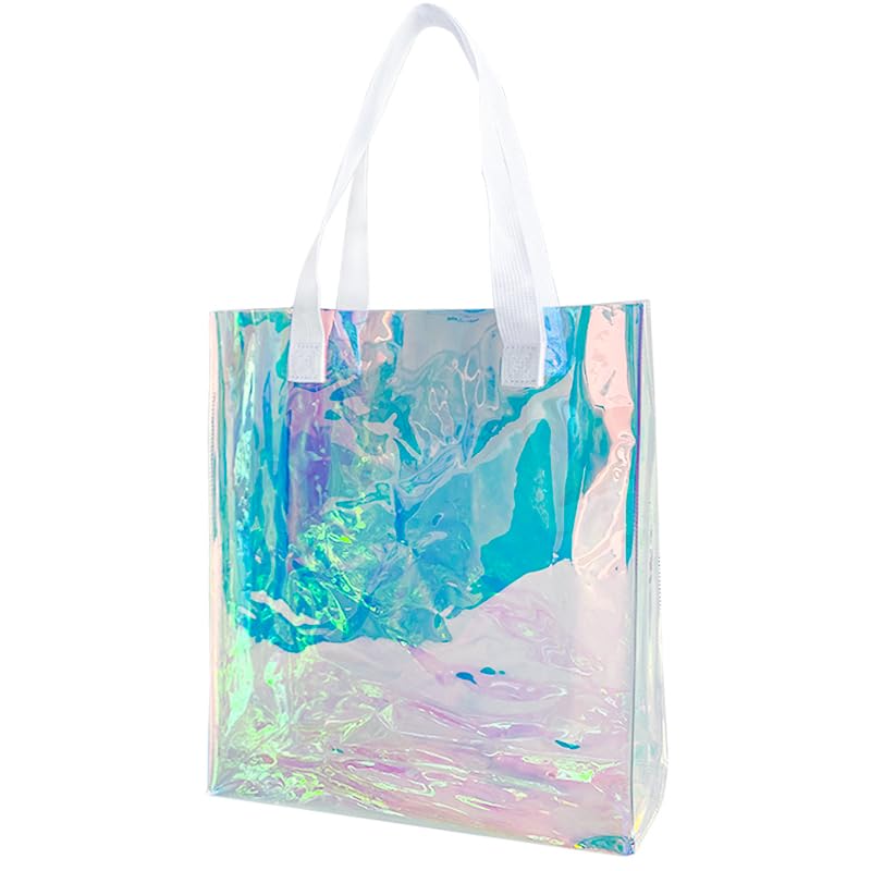 TotePrint Wasserdicht Holographische transparente Handtasche Laser Tasche Mädchen Beach Tasche Pvc Einkaufstasche für Sport, Arbeit, Sicherheitsreisen, Stadion oder Konzert. (white handle)