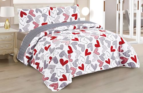 BESCH Colcha Boutis para Primavera y Verano con Diseño Corazones + 2 Funda Cojin 50x70 cm - Cubrecama Ligera Fina Entretiempo Extra Suave y Transpirable (Cama 135, 220x260cm)
