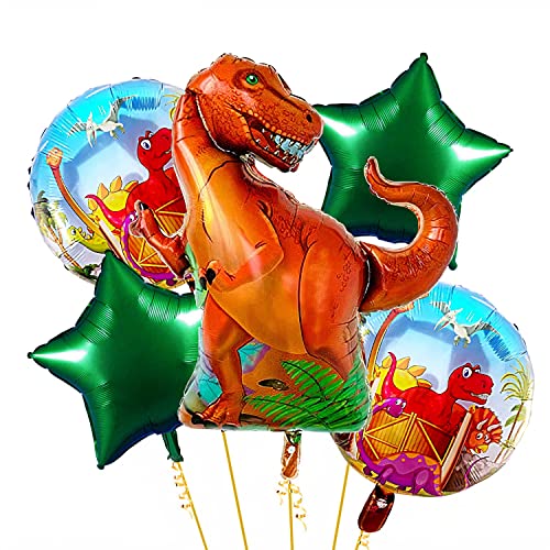 Image of Propsicle Dinosaur Theme Foil Balloons Set of 5-36 Inch Dino Shape Balloon with 2 Round Printed Balloons and 2 Star Foil Balloons - Suitable for Birthday, Jungle Theme, Safari Decoration