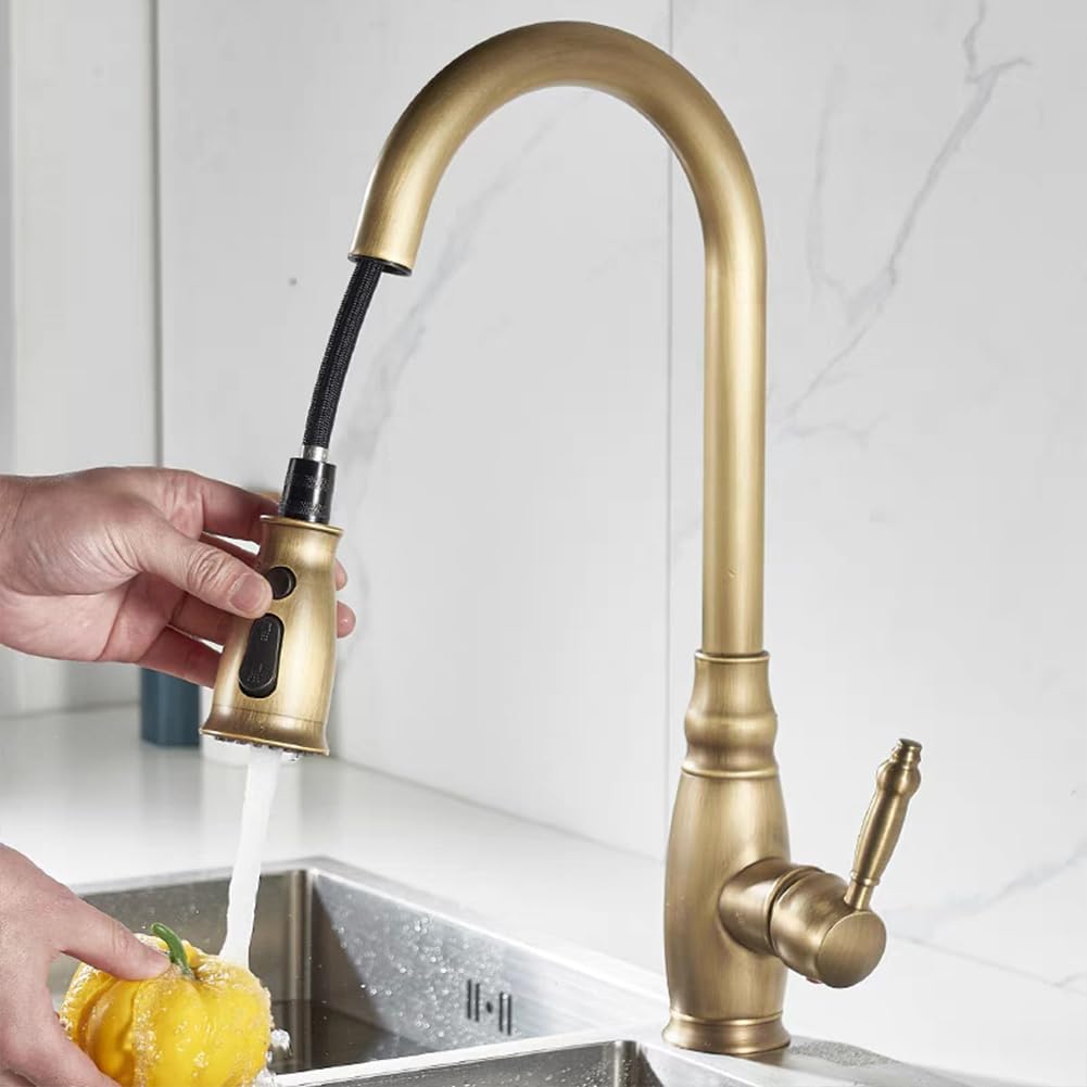 Rubinetto Cucina Rubinetto Lavello Con Doccetta Estraibile, 2 Modalità, Anticato Vintage Stile Girevole A 360 ° Monocomando Ottone Miscelatore Cucina, Rubinetto Lavello Cucina, Bronzo