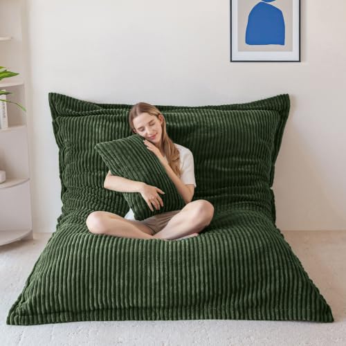 Image of MAXYOYO Giant Bean Bag Chair with Pillow, 3 in 1 Convertible Bean Bag Chair for Adults with Washable Cover, Removable Floor Cushion Stuffed Floor Lounger for Living Room Bedroom, Dark Green, Full