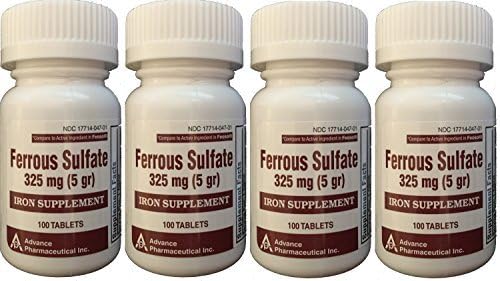 Ferrous Sulfate Iron Supplement 325 mg (5GR) Generic for Feosol Red Tablets 100 Tablets per Bottle 4 Pack Total 400 Tablets