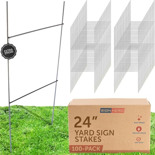 Yard Sign Stakes  Professional, Weatherproof, USA-Made  24 Tall H-Stakes for Yard Signs, Metal Yard Sign H-Frames for Corrugated Plastic Signs (100 Pack)