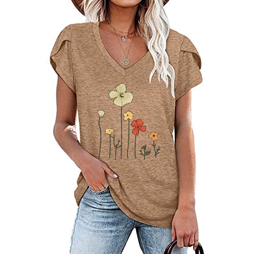 Blusa feminina com gola V para mulheres, pétala esvoaçante, manga curta, flor, caimento solto, longa