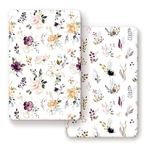 Image of GRSSDER Stretchy Ultra Soft Jersey Knit Fitted Pack n Play Sheets Set 2 Pack,Fits Portable Playard/Mini Cribs Mattress Snug and Safe,Watercolor Purple Flora for Baby