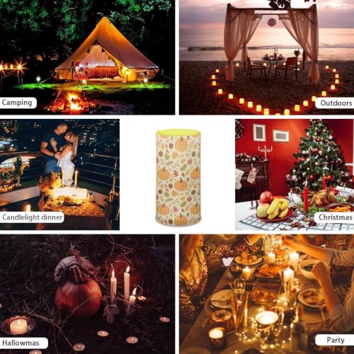 Image of Poceacles Flameless Candle Battery Powered with Remote Control 12 Colors 4 /8 Hours Timer LED Night Lights Pillar Candle Tealights Autumn Home Indoor Decor, Pumpkin Fall Leaves Print Beige