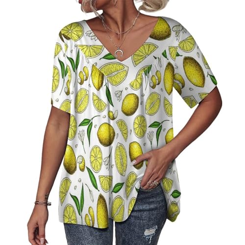 Image of Summer Lemon Womens V Neck T Shirts Loose Fit Short Sleeve Summer Tops Casual Tees Blouses M