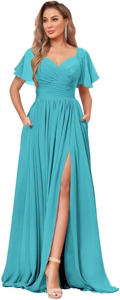 Women's Chiffon Flutter Sleeve Bridesmaid Dress Long with Slit V-Neck Pleated Formal Evening Party Gowns