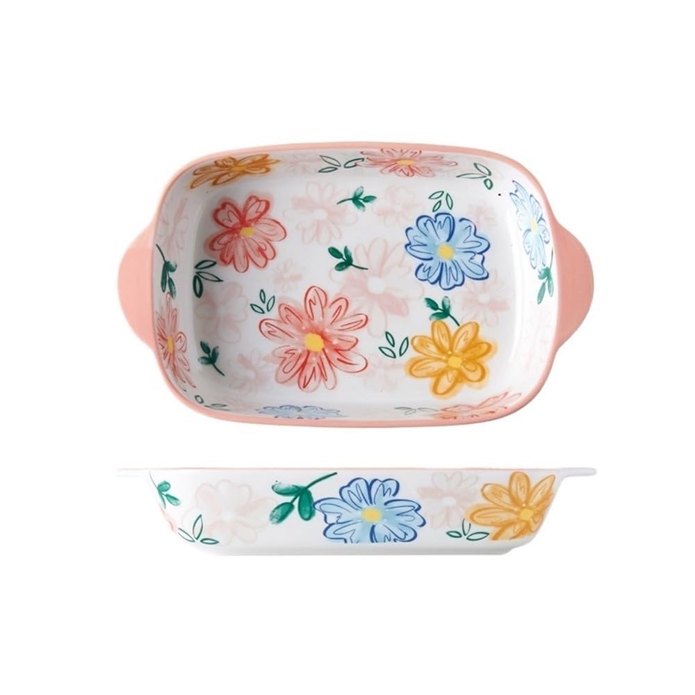 OLSKFUH Kitchen 500Ml Ceramic Tableware Household Baking Cheese Baked Rice Tray Oven Microwave Double Ear Plate Cooking,Pink