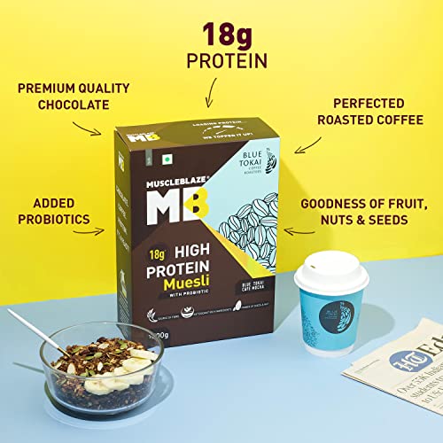 Image of MuscleBlaze High Protein Muesli, Blue Tokai Cafe Mocha, 18 g Protein, with Dry Fruit, Nut & Superseeds, Ready to Eat Healthy Snack, 700 g