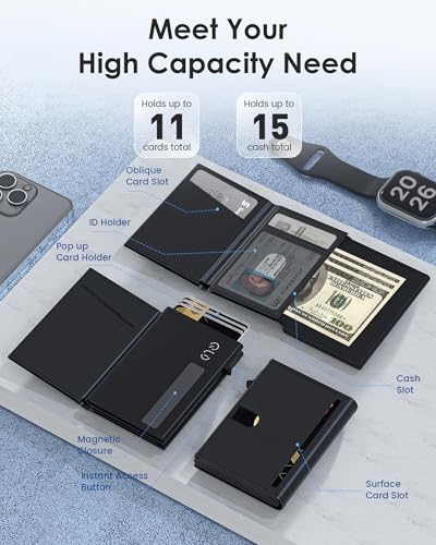 Image of QLD Minimalist Wallet for Men - RFID Blocking [Smart & Practical] Trifold Slim Card Holder Pop Up Wallets Metal Case for Front Pocket with Cash Slot, ID Window, Magnetic Closure