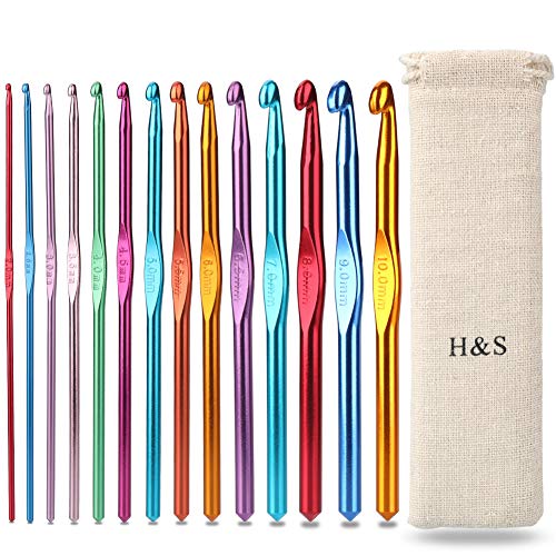 H&S Häkelnadeln-Set, Aluminium, 14 Nadeln mit Tasche, 2 mm, 2,5 mm, 3 mm, 3,5 mm, 4 mm, 4,5 mm, 5,5 mm, 6 mm, 6,5 mm, 7 mm, 8 mm, 9 mm, 10 mm